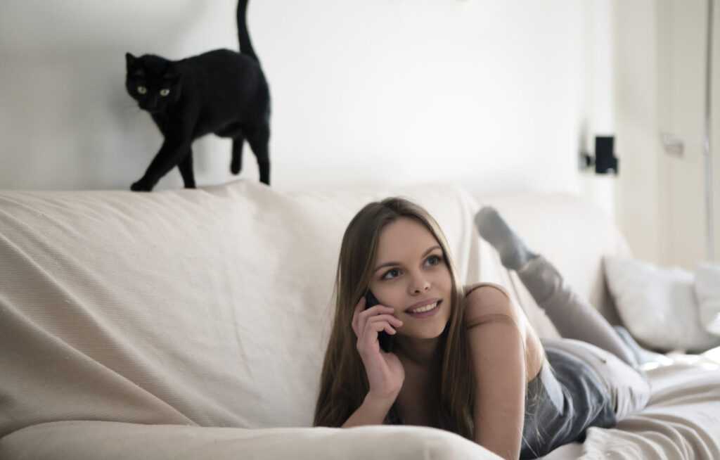 кот рядом с девушкой говорящей по телефону